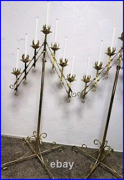 2 Vintage Large Adjustable Brass 2-Branch 7 Candle Freestanding Floor Candelabra