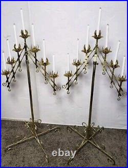 2 Vintage Large Adjustable Brass 2-Branch 7 Candle Freestanding Floor Candelabra