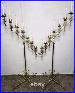 2 Vintage Large Adjustable Brass 2-Branch 7 Candle Freestanding Floor Candelabra