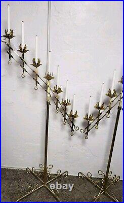 2 Vintage Large Adjustable Brass 2-Branch 7 Candle Freestanding Floor Candelabra