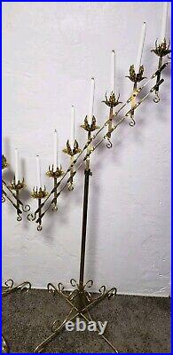 2 Vintage Large Adjustable Brass 2-Branch 7 Candle Freestanding Floor Candelabra