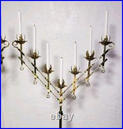 2 Vintage Large Adjustable Brass 2-Branch 7 Candle Freestanding Floor Candelabra