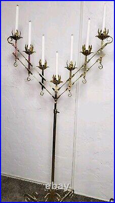 2 Vintage Large Adjustable Brass 2-Branch 7 Candle Freestanding Floor Candelabra