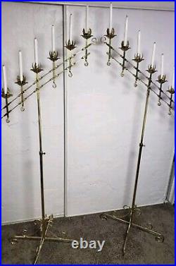 2 Vintage Large Adjustable Brass 2-Branch 7 Candle Freestanding Floor Candelabra