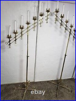 2 Vintage Large Adjustable Brass 2-Branch 7 Candle Freestanding Floor Candelabra