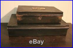 2 Vintage Restoration Hardware Black Metal Boxes with Skeleton Keys & Brass