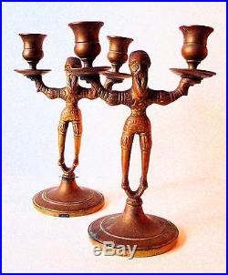 2 Vintage Solid Brass Bearded Man Double Candlestick Sculpture Russian Cossack