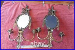 2 Vintage Solid Brass Wall Sconces Double Candle Stick Holder frames with Mirrors