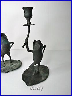 2 Vintage Standing Frog Lillipad Candlestick Figural Candle Holder Brass Patina