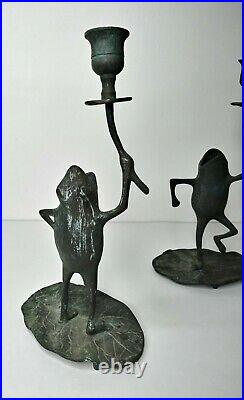 2 Vintage Standing Frog Lillipad Candlestick Figural Candle Holder Brass Patina