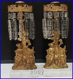 2-Vintage Victorian Brass Mantle CandleHolders Woman Child Marble Glass Prisms