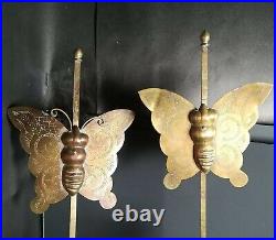 2 Vtg Brass Butterfly Candle Stick Holder Reflector Flowers Snuffer 17 T Korean
