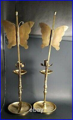 2 Vtg Brass Butterfly Candle Stick Holder Reflector Flowers Snuffer 17 T Korean