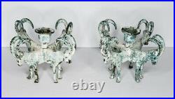 2 of Vtg Patina Art Deco Nouveau Brass Figural Circle 4Ram Goats Candle Holder