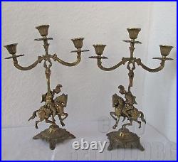 2 x12+ horse horseman rider knight candle holder stand, brass candelabra, pair