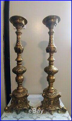 24'' Tall Pair Vintage Ornate Brass Castilian Candle Holders Solid & Heavy
