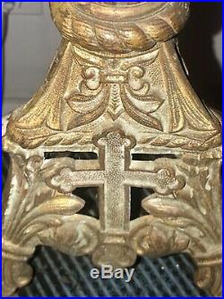 26 Antique Solid Brass Gothic Church Alter Candle Holder 19th C. Gilt
