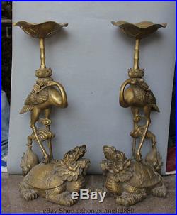 27 China Brass red-crowned Stand Dragon tortoise Candle Holder Candlestick Pair