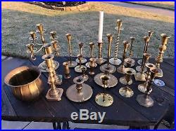 27 brass candlesticks & holders lot vintage for wedding or any event! Patina