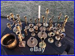 27 brass candlesticks & holders lot vintage for wedding or any event! Patina