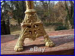 (3) Antique Brass Italian Gothic Church Altar Cross Candle Holders Candlesticks