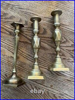 3 Brass Candlesticks 2 Push-up King Of Diamonds Style, 1 Marked A. B. A. Solid