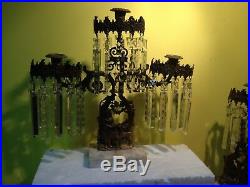 3 Piece of Vintage Italian Brass Candle Holder Crystals Prisms Marble Base Italy