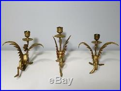 3 Vintage Brass Griffin Candlesticks Winged Dragon Candle Holders Mythical