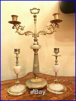 3 Vintage Candlelabra Bronze Brass Marble Candle holders