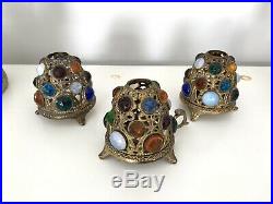 3 Vintage Victorian Brass Jeweled Fairy Finger Lamp Candle Holder