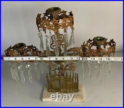 3 arm brass candle holder with crystal prisms