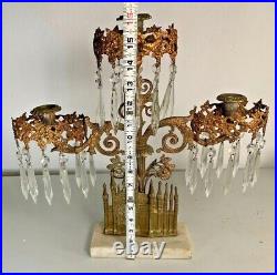 3 arm brass candle holder with crystal prisms
