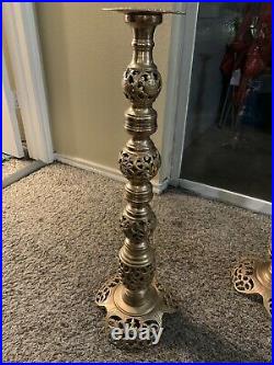 30in Adjustable Ornate Brass Vintage Candlestick Floor Holder Set Of 2