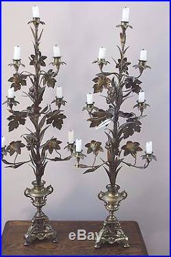 3ft Tall Antique Brass French Italian Tole Candle Holders Tole-ware Candelabras