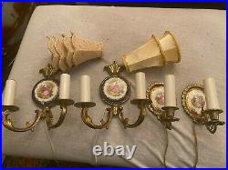 4 French Antique Limoges Porcelain Brass Candle Sconces Wall Candle holders