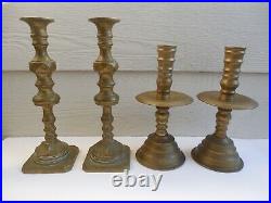 4 X Antique Brass Candle Holders 2x Pair 11 And 9 3/8