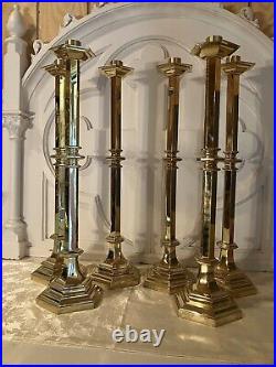 (6) Large Antique Vintage Heavy Brass Church Candle Sticks Holders 26H