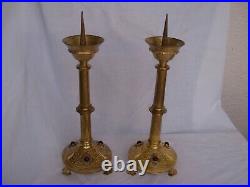 A PAIR OF ANTIQUE FRENCH GILT BRONZE, BRASS CHURCH CANDLE HOLDERS, 19th CENTURY