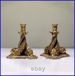 A Pair Of Vintage Heavy Detailed Solid Brass Koi Fish Candle Holders