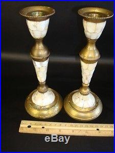 A Pair Of Vintage Mother Of Pearl Brass Candle Sticks