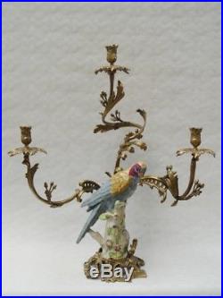 A Three-branch Brass Mounted Porcelain Parrot Candle Holder # 275bb33