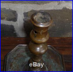 ANTIQUE 17th C BRASS CANDLESTICK LIGHTING CANDLE HOLDER EARLY HEART SHAPED FEET