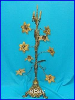 ANTIQUE 19 c. FRENCH ELABORATE GILT BRASS CANDELABRA FLOWER DECORATED 28