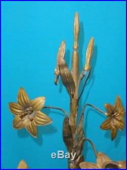 ANTIQUE 19 c. FRENCH ELABORATE GILT BRASS CANDELABRA FLOWER DECORATED 28