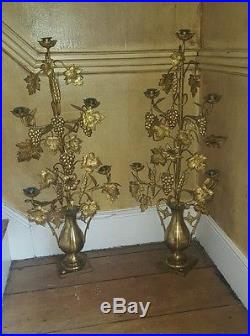 ANTIQUE 19 c. FRENCH ELABORATE GILT pair BRASS CANDELABRA FLOWER DECORATED