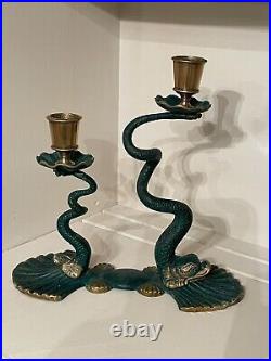 ANTIQUE 1940's-50's ERA ITALIAN BRASS DOLPHIN DOUBLE/SERPENT CANDLE HOLDER