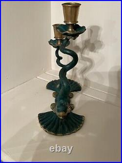ANTIQUE 1940's-50's ERA ITALIAN BRASS DOLPHIN DOUBLE/SERPENT CANDLE HOLDER
