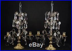 ANTIQUE 19TH CENTURY BRASS AND CRYSTAL FRENCH GIRANDOLES CANDLE HOLDERS