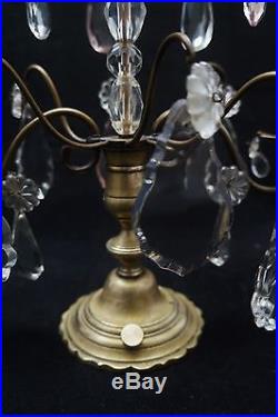ANTIQUE 19TH CENTURY BRASS AND CRYSTAL FRENCH GIRANDOLES CANDLE HOLDERS