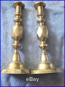 ANTIQUE 19th CENTURY THE QUEEN OF DIAMONDS BRASS CANDLE HOLDERS (11 1/2 TALL)